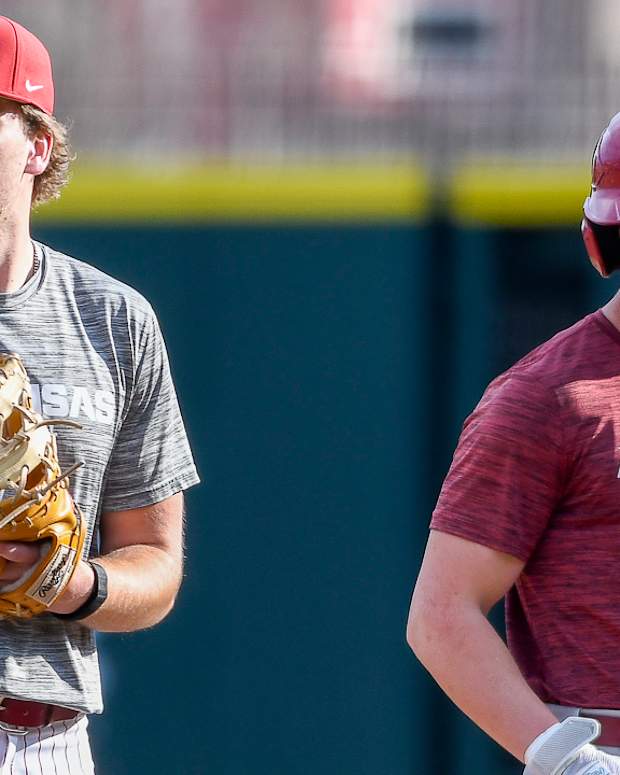 Razorbacks' first baseman Ben McLaughlin in practice Friday